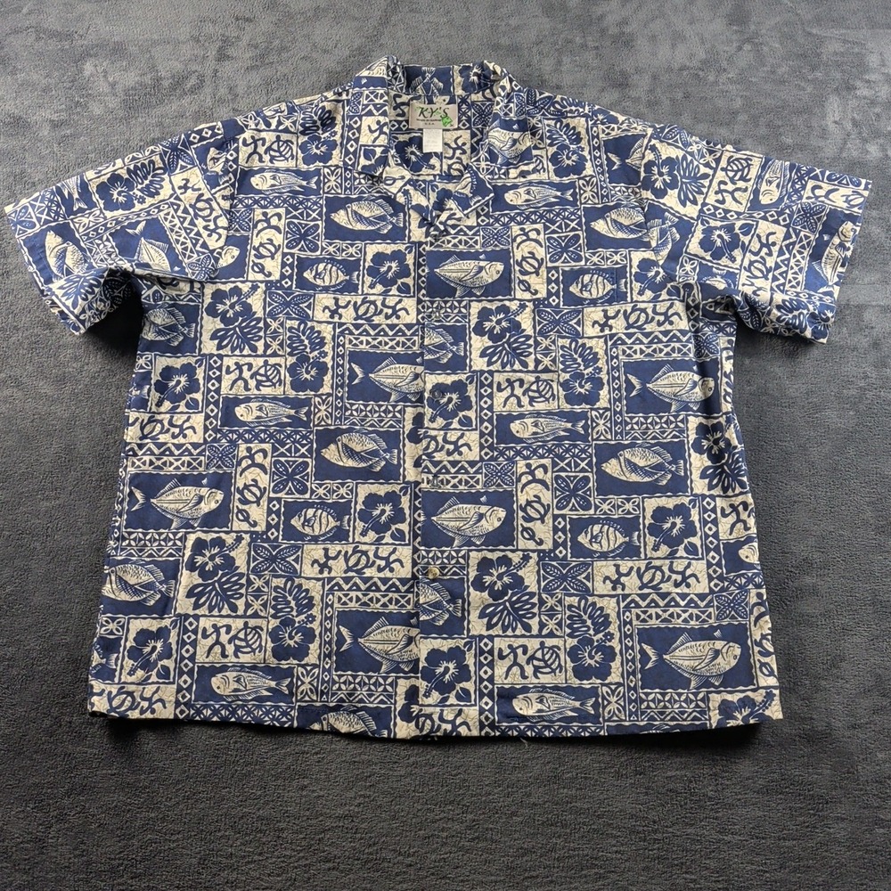 KYS Hawaiian Shirt Mens XXXL Blue Short Sleeve Tribal Print Floral Fish Aloha